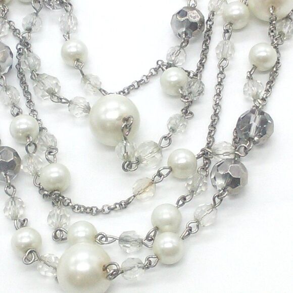 Faux Pearl & Beaded Necklace Multilayer 9-13" Silver Tone Chain - Picture 5 of 8
